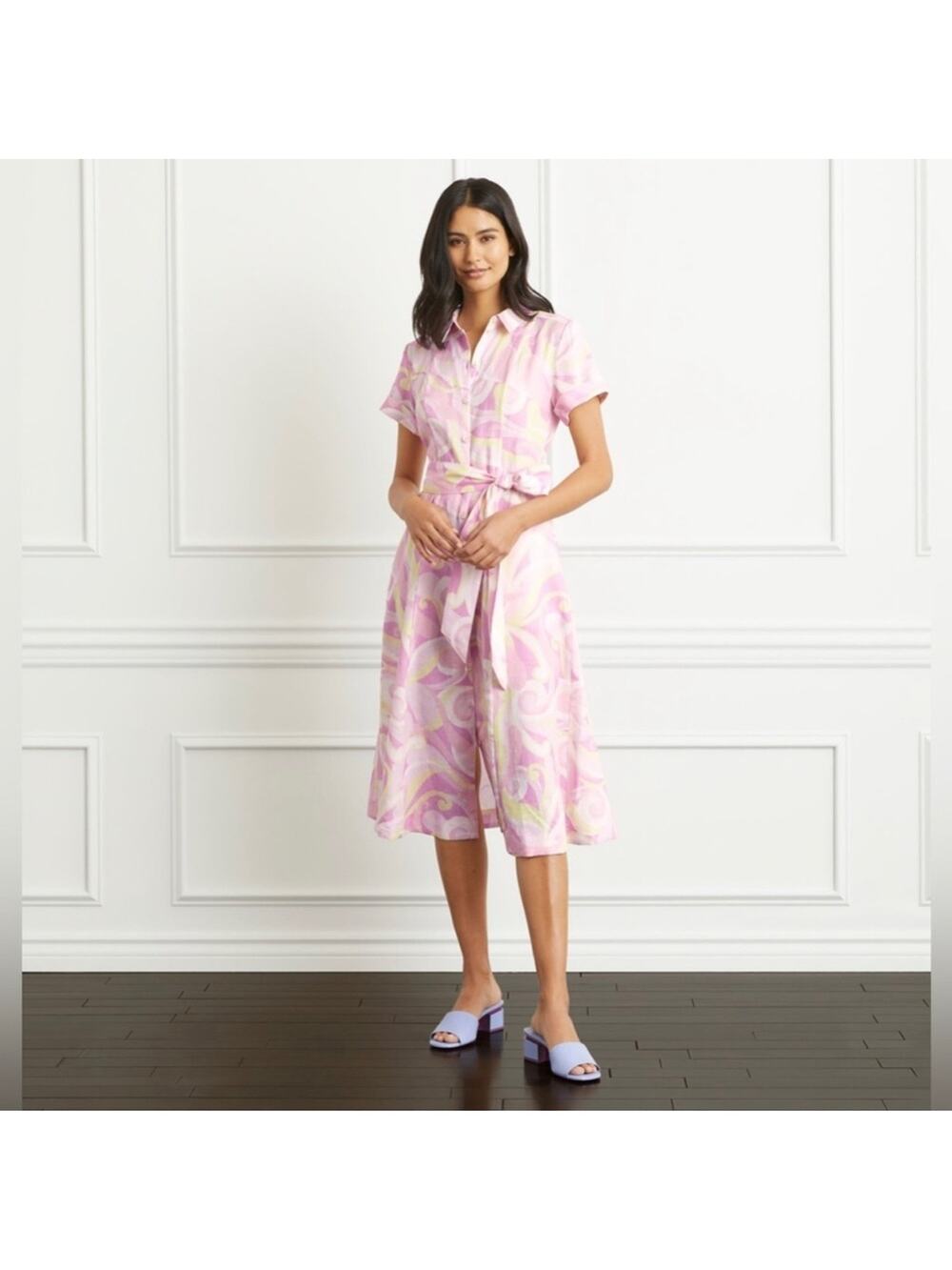 Hill House The Lily Midi Dress Belted 100% Linen Candy Kaleidoscope Pink XXS NWT